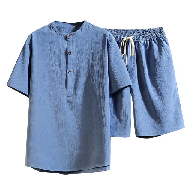 XZNGL Denim Shorts men Casual Button Pullover Linen Stand Collar Short Sleeve T-Shirt Elastic Shorts Two-Piece Set Shorts for Men Casual Men Shorts Casual