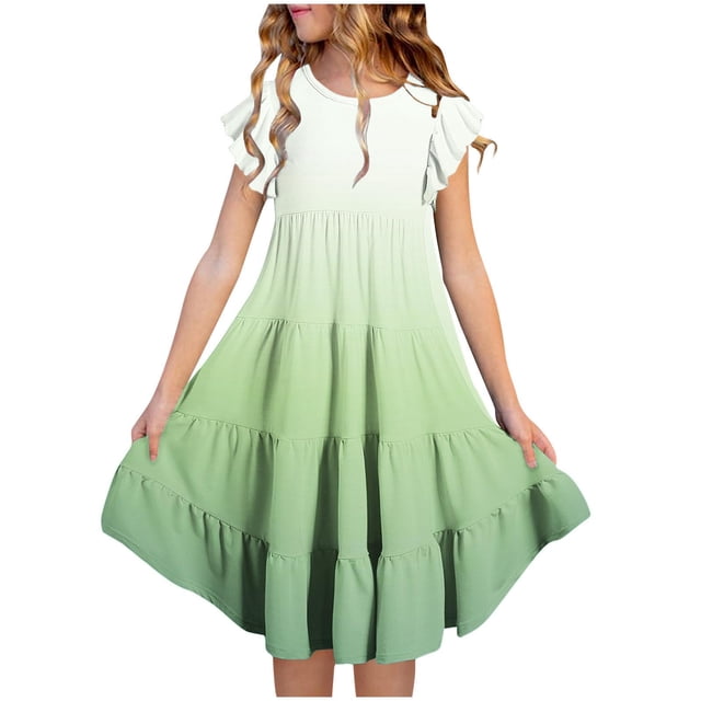 RXIRUCGD 2025 Vêtements d'Été pour Enfants Mode Filles Nouvelle Robe d'Été à Manches Courtes Poches à Volants Col Rond Imprimé