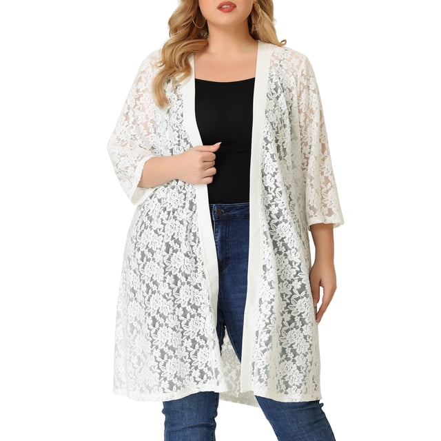 Agnes Orinda Women's Plus Size Floral Lace Cardigan Lightweight 3/4 Sleeves Open Front Outerwear 4X White