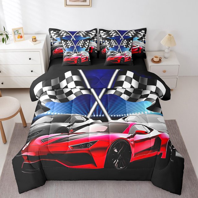 Erosebridal Literie Voiture de Course Rouge Taille Grand, Lit Géométrique Buffalo en Sac Taille Grand, Décoration Sports Extrêmes, Réversible, Léger, 7 Pcs