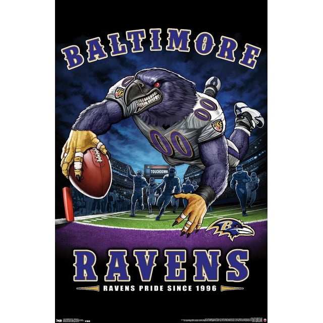 NFL Baltimore Ravens - Affiche Murale End Zone 17 Représente une Mascotte de Corbeau en Maillot Blanc Numéroté 00 Plongeant avec un Ballon de football vers la End Zone Violette sur un Terrain Vert. des Joueurs Silhouette et un Tableau d'Affichage Lisant « Touchdown » Apparaissent en Arrière-Plan sous un Ciel Sombre. « Baltimore » Est Arqué au-Dessus et « Ravens » avec « Ravens PRIDE SINCE 1996 » en Dessous, aux Côtés du logo de l'Équipe. Imprimé sur Papier Brillant,
