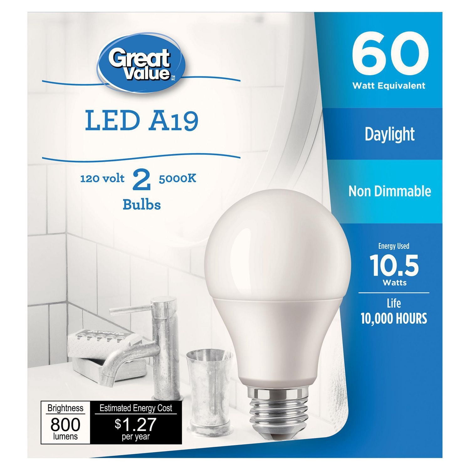 Ampoules DEL Great<br>Value A19 60 W lumière<br>du jour, paq. de 2