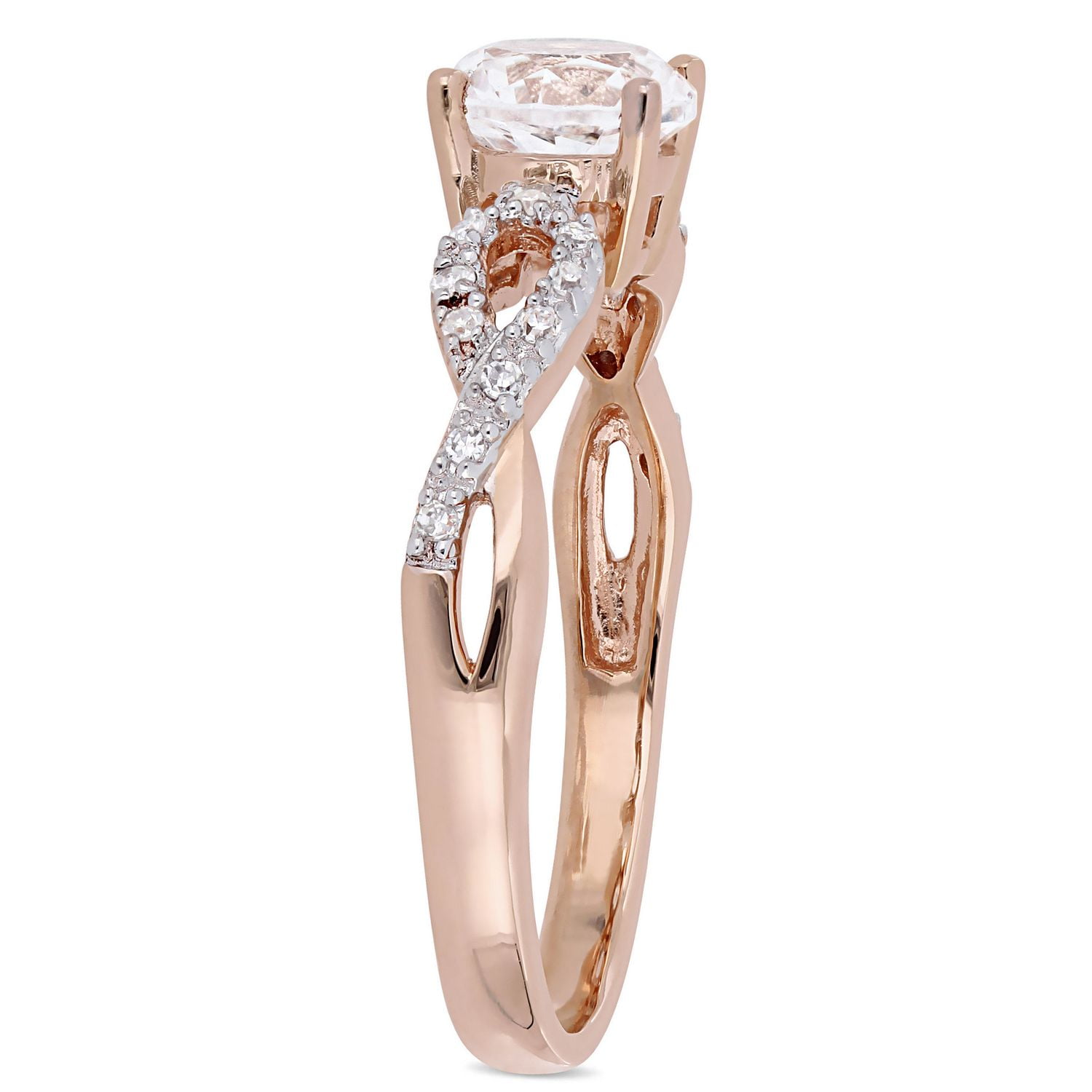 Bague de fiançailles de style infini Miabella avec saphir blanc synthétique 1 CT PBT et diamants 1/10 CT poids total en or rosé 10K