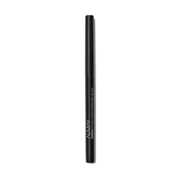 Almay Liquid Eyeliner, oil free, water resistant, and smudge proof, shown as a slim black pencil with white brand text and built-in sharpener for precise application, hypoallergenic and ophthalmologist tested, on a white background.