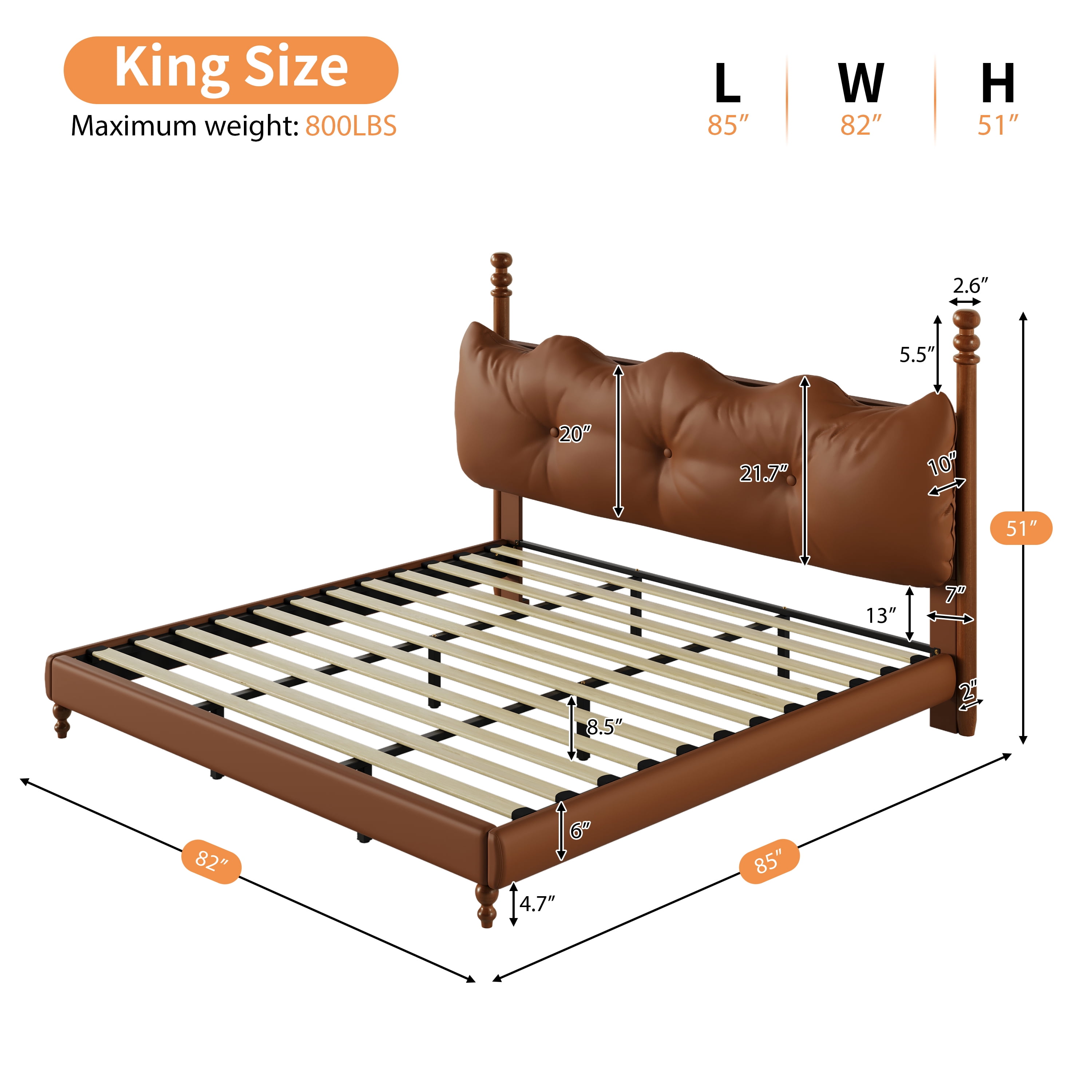 Noble House Lit Plateforme Grand Rembourré avec Tête de Lit, Cadre de Lit en Cuir PU avec Poteaux en Bois, Brun
