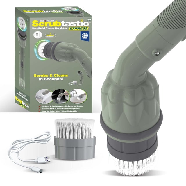 Bell + Howell Scrubtastic Express Olive Green Rechargeable Handheld Power Scrubber with ergonomic curved handle and white bristle brush head, including USB-C charging cable and flat brush head, shown with packaging highlighting over 300 RPM cordless scrubbing power for bathroom and kitchen surfaces.