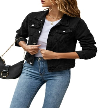 Womens Loose Denim Jacket Long Sleeve Button Down Jean Casual Jacket with Pockets