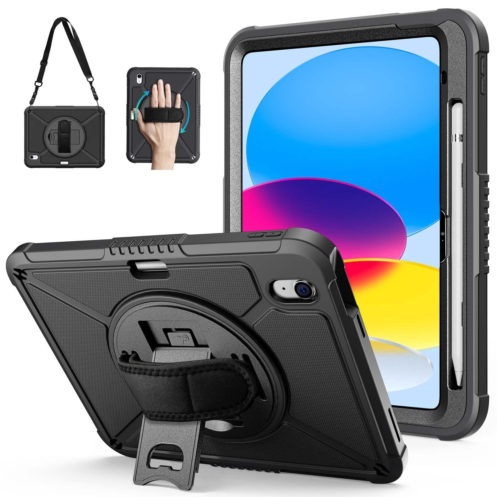 Lolsea Case for iPad (A16) 11th Generation 11 inch 2025, iPad 10th Generation 10.9 inch 2022 with Pencil Holder, Shockproof Cover with Screen Protector/360° Rotate Hand Strap/Stand, Black