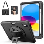 Lolsea Case for iPad (A16) 11th Generation 11 inch 2025, iPad 10th Generation 10.9 inch 2022 with Pencil Holder, Shockproof Cover with Screen Protector/360° Rotate Hand Strap/Stand, Black
