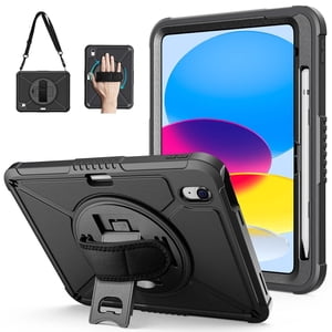 Lolsea Cas pour iPad (A16) 11th Génération 11 de pouce 2025, iPad 10th Génération 10.9 de pouce 2022 avec porte-crayon, housse antichoc avec écran Protector/360° Bracelet / Support pour mains rotatives, noir