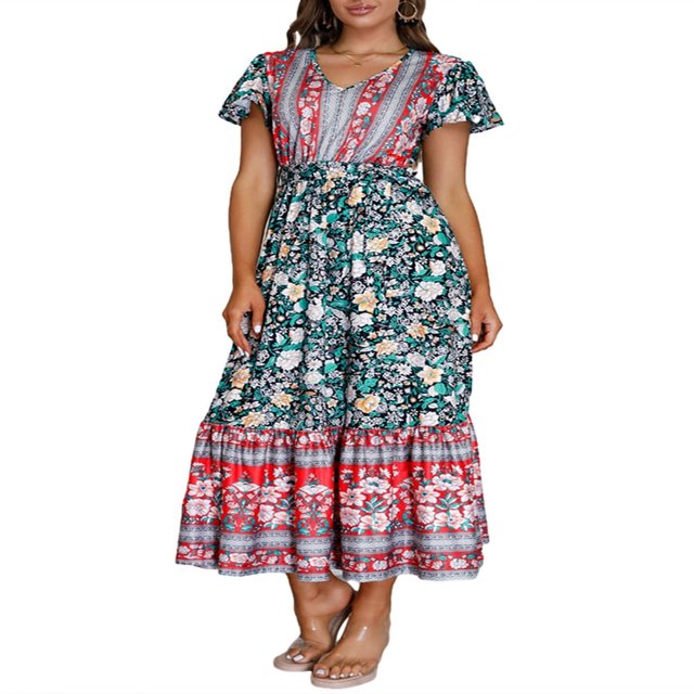 Robe Longue Femme Manches Courtes Col en V Robe Fleurie avec Ceinture