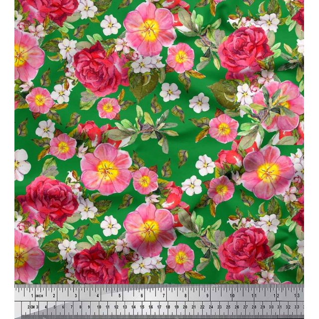 Soimoi Tissu Satin Modal Feuilles, Clématites & Roses Imprimés Floraux au Mètre 42 Pouces de Large