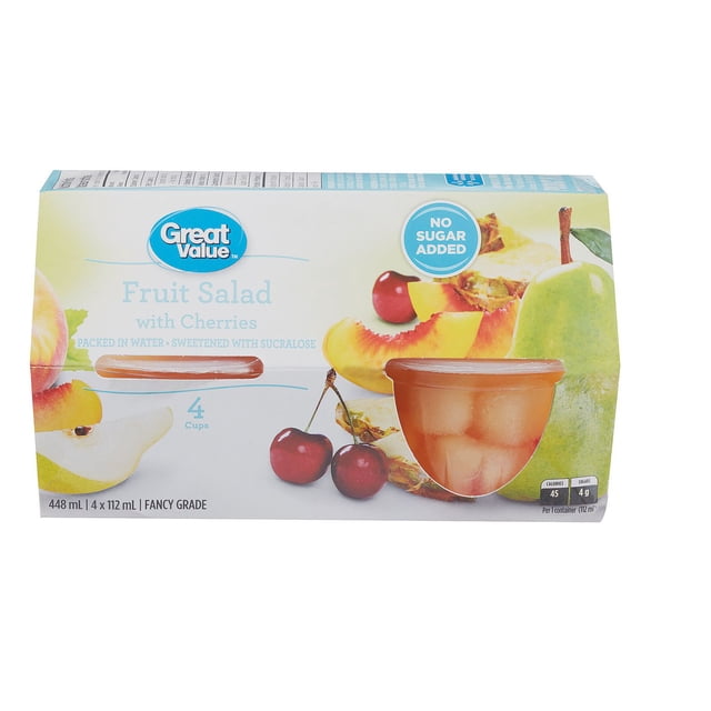 Great Value Fruit Salad with Cherries pack of four 112 mL shelf-stable cups, no sugar added, sweetened with sucralose, featuring cherries, peach slices, and pear images on the packaging, suitable for pantry food storage.