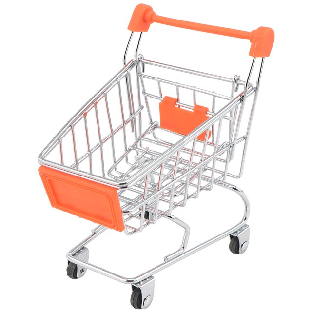 1pc Mini Shopping Cart Children Pretend Play Toy Iron Makeup Storage Grocery Cart Trolley with Electroplating in a random color. The cart features a bright electroplated iron frame with orange plastic accents, including a handle and front panel. It has four functional wheels and resembles a miniature supermarket shopping cart. Ideal for pretend play, desk organization, or as a gift for children or office workers. Often used as a play shopping cart or miniature grocery cart.