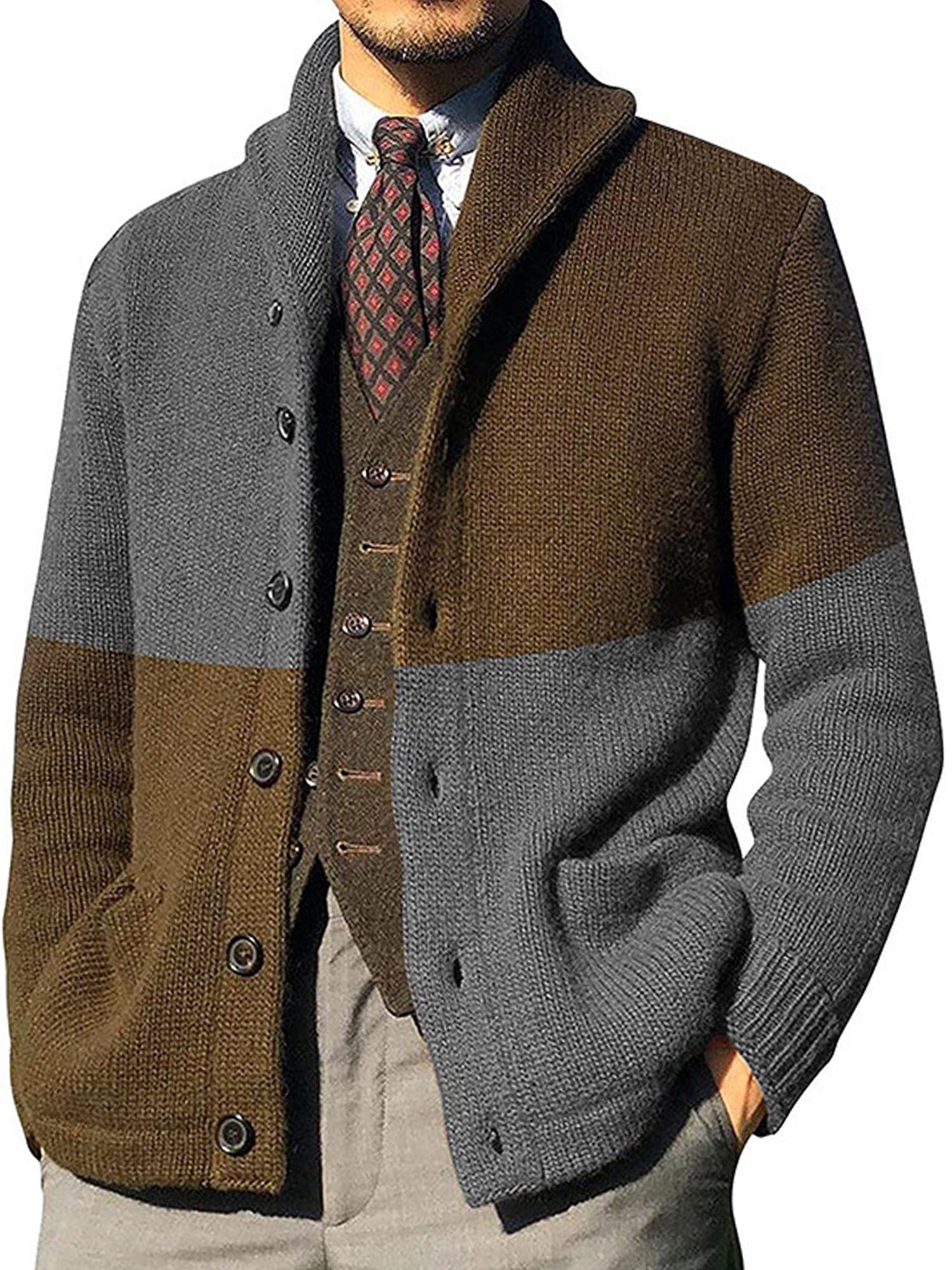 MAWCLOS Mens Outwear Open Front Cardigan Sweater Long Sleeve Sweaters Knitted Outdoor Color Block Cardigans Grey L