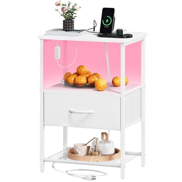 Eunos Table de Chevet avec Poste de Recharge et DEL, Petite Commode Blanche avec Tiroir et Tablettes de Rangement