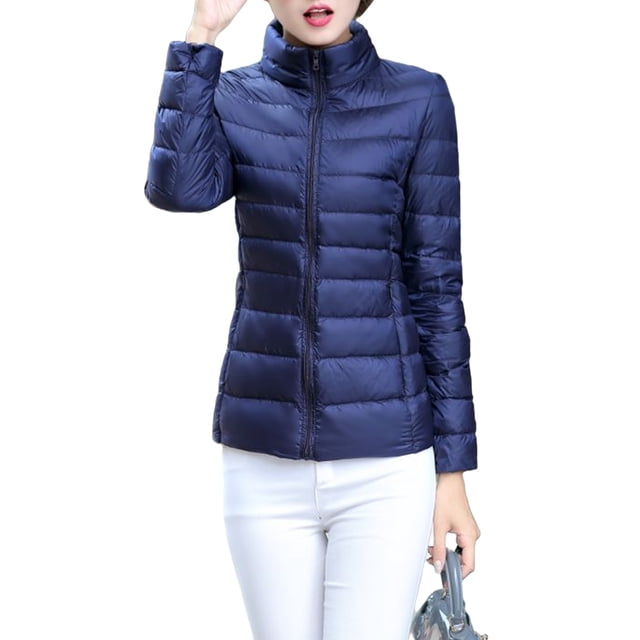 UKAP Ladies Puffer Jacket Solid Color Coat Stand Up Collar Down Jackets Packable Work Outwear Navy Blue 3XL
