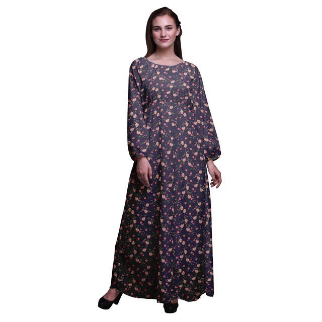 Bimba Robe Maxi à Manches Longues pour Femmes en Georgette Mousse Imprimée de Feuilles et de Tulipes à Taille Élastique - Petit