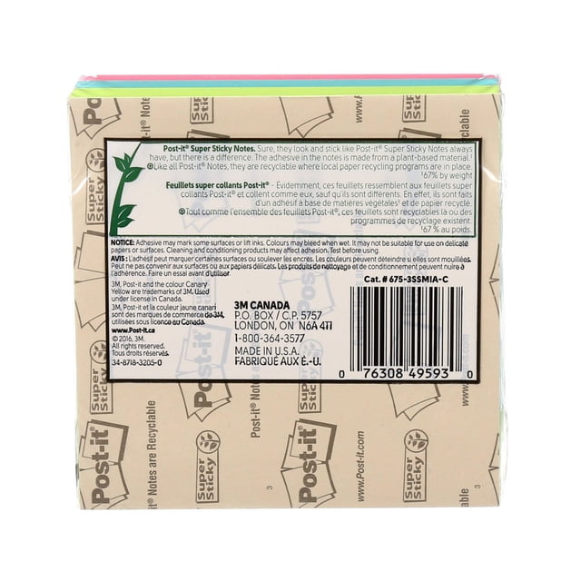 Post-it® Super Sticky Notes WM675-3SSMIA-C, Miami Collection showing the back of a 3-pack of 4 x 4 inch lined sticky note pads in bright colors with product details, recycling information, and barcode on beige packaging featuring Post-it® branding, suitable for office and school supplies.