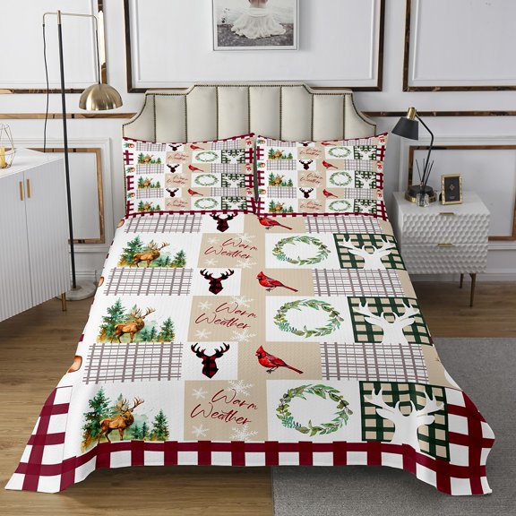 YST Christmas Elk Deer Quilt Set Queen Xmas Red Cardinal Bedspread Set Buffalo Plaid Snowflake Wreath Decor Coverlet Set For Kids Adults Winter Holiday Bed Set Green 1 Pillow Case