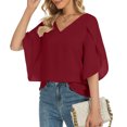 thumbnail image 3 of Hauts Mignons Mode Femme Été Col en V Uni Manches Trois Quarts Haut Décontracté Blouse Hauts Habillés pour Femmes en Liquidation, 3 of 7