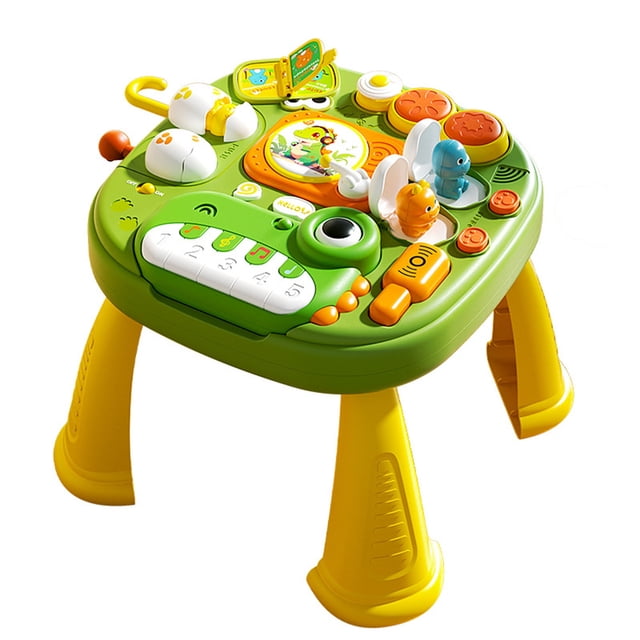 Baby Activity Table Center Toys Dinosaur Musical Learning Table with lights and sound, featuring a green tabletop with interactive elements like drums, buttons, and colorful lights, supported by sturdy yellow legs. An educational toy for infants and toddlers to enhance sensory, motor, and early learning skills.