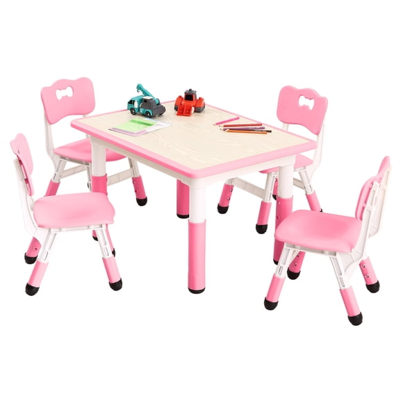 Kids Table and Chairs Set, Toddler Height Adjustable Desk with Graffiti Desktop, Arts & Crafts Table with 4 Seats, Non-Slip Legs