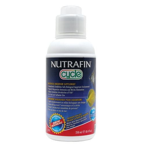 Nutrafin Cycle Biological Aquarium Supplement 250 ml (8.4 fl oz) bottle with white cap and multicolored label, designed to quickly establish a safe biological aquarium environment by eliminating toxic ammonia and nitrites in fresh and saltwater tanks, supporting healthy fish and plants.