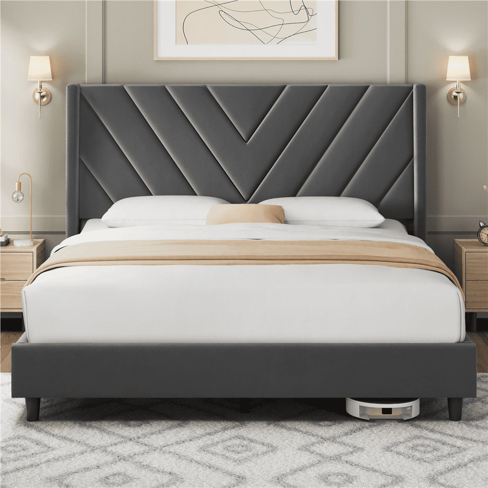 FullFurnique Upholstered Platform Bed Frame with Wooden Slat Support, Full, Dark Gray