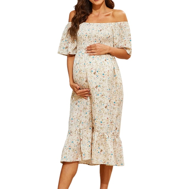 MEZZALL Robe Femme Florale à Encolure Carrée Robes Midi Robe de Maternité Enceinte Décontractée Robe Trapèze Longue Fluide à Smocks Robe Respirante Tenue Quotidienne TG