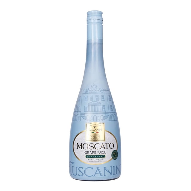 L- Sparkling G.J. Moscato KPY 750ml Tuscanini non-alcoholic sparkling grape juice bottle in light blue frosted glass with architectural design and gold label, a sweet sparkling water alternative suitable for celebrations or everyday refreshment.