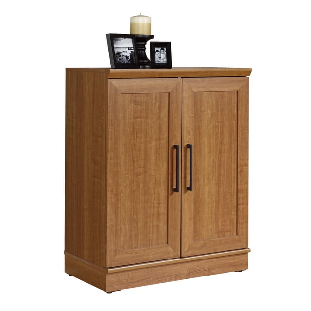 Sauder® HomePlus Collection Base Cabinet centered, front-facing freestanding base cabinet with framed panel doors, adjustable shelves and base levelers, pre-attached moldings and stackable design up to two high for modular storage and organization; often used for pantry, garage or craft storage.