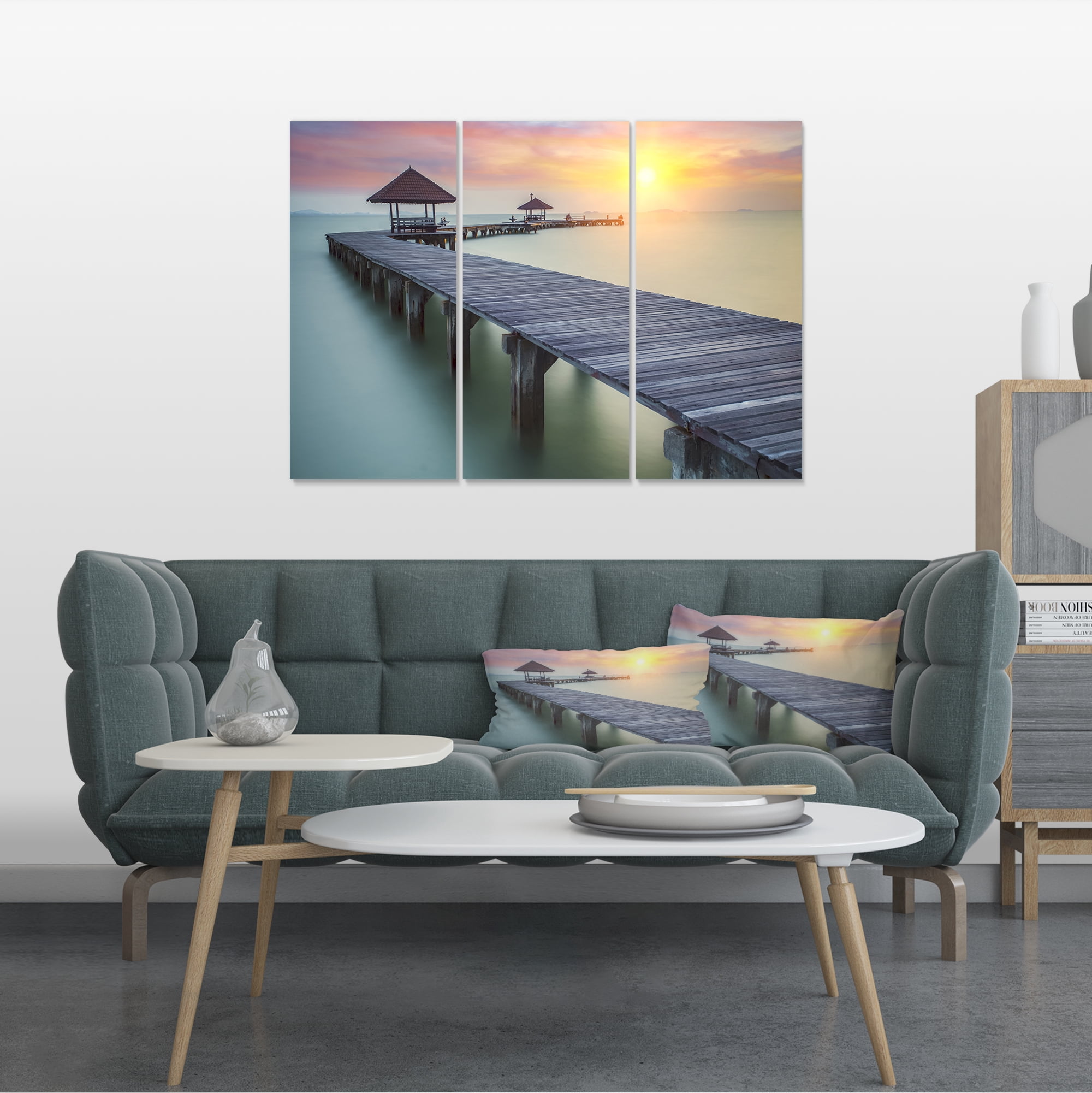 Tableau sur toile imprimée Design Art Photographie bord de mer Pont en bois la et coucher soleil