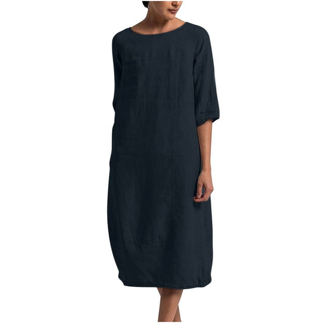 RKSTN Robe Maxi pour Femme Grande Taille Robe d'Été Simple Coton-Lin Col Rond Robe de Plage Manches Courtes Plissée Ligne A Robe Midi