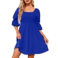 thumbnail image 4 of RKSTN Robes pour Femmes Décontractées Col Carré Manches Bouffantes 3/4 Poitrine Froncée Épaules Dénudées Robe Babydoll Mini, 4 of 9