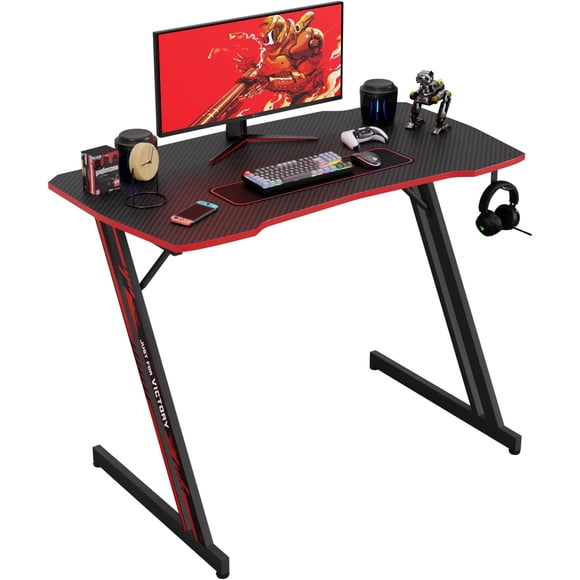 PayLessHere 39" Gaming Workstation Desk, Z-Shaped Sturdy Computer Table, Headphone Hook & Large Desktop for Home Office – Red