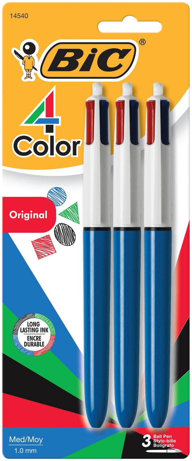 BIC 4-Color Original Retractable Ball Pens, Medium Point (1.0 mm), 3-Count Pack, Retractable Ball Pen With Long-Lasting Ink