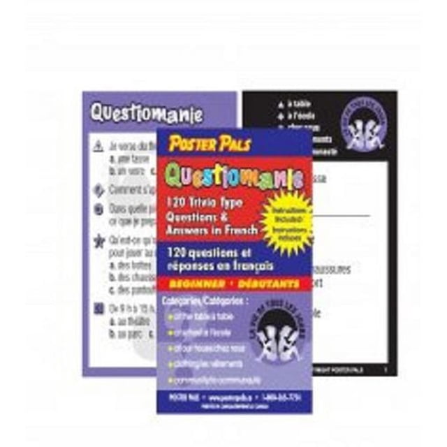 French Trivia Game Cards by Poster Pals featuring 120 question and answer cards in French, divided into five categories—school, clothing, table, community, and home—with teacher instructions included, suitable for language learning games and activities.