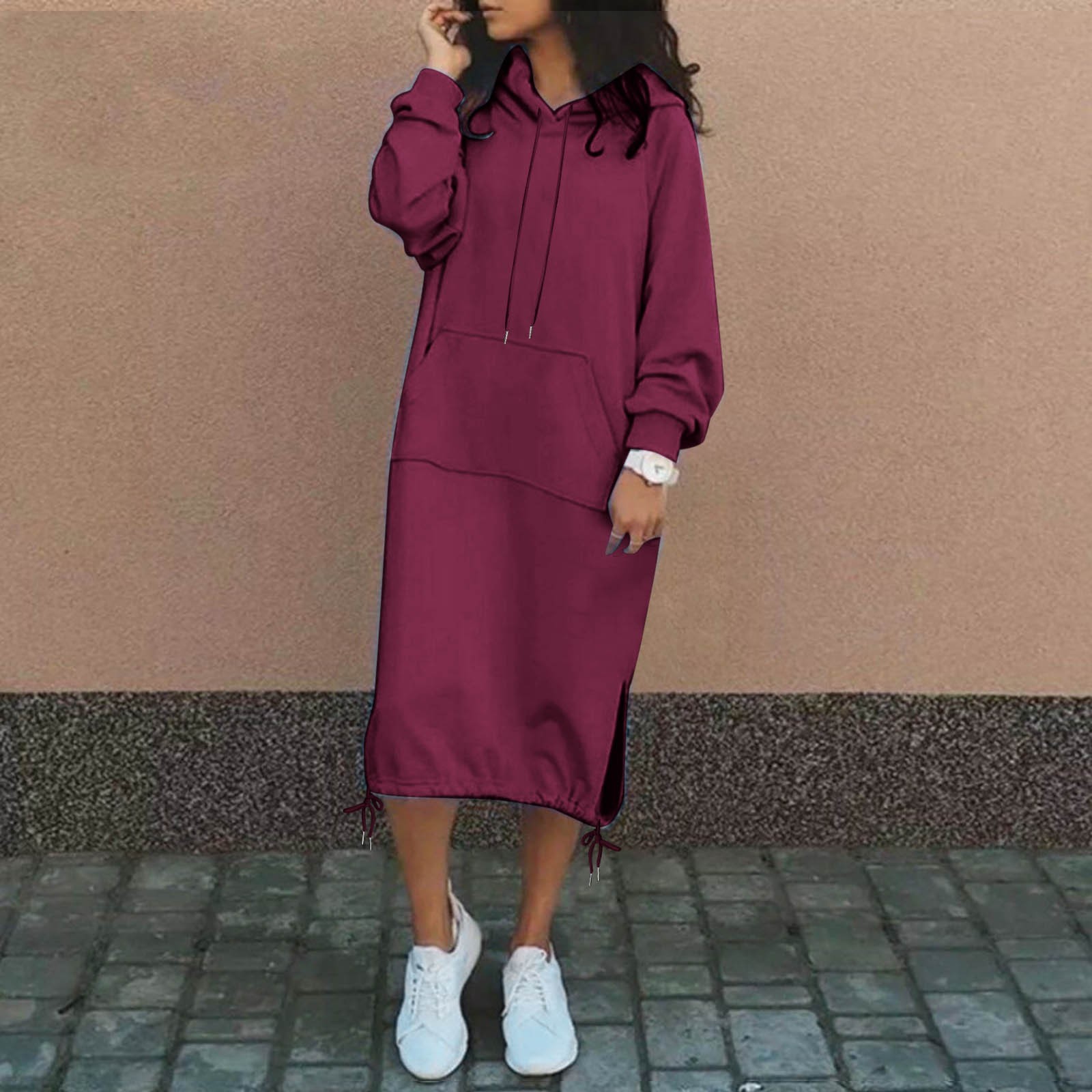 TINZ Robes Chandails d'Automne pour Femmes Décontractées à Manches Longues Amples Chandails à Capuchon à Enfiler avec Cordon Ourlet Fendu Robe Midi Femmes Chandails à Capuchon Lourds Chandail pour Femmes Couleur Unie à Cordon Chandail à Capuchon Décontracté