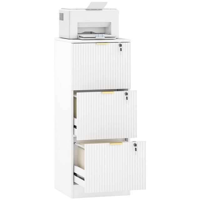 HOMCOM 3 Drawer File Cabinet Fluted Vertical Filing Cabinet with Lock in white. This compact filing cabinet features three lockable drawers with fluted fronts and gold finger pulls, suitable for A4 or letter-sized files. The flat top doubles as a printer stand, and the cabinet includes silent drawer glides and anti-tip kits for safety. Made of MDF, it measures 15.7 inches wide, 15.7 inches deep, and 39.8 inches high, with a weight capacity of 132 lbs.