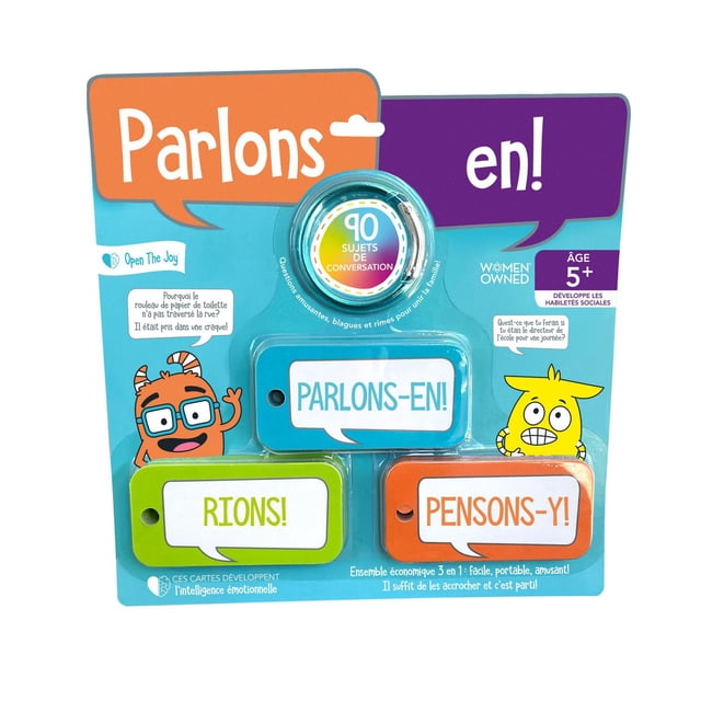 Let's Chat! Cartes de Conversation Portatives - version Française Comprenant 90 Cartes Colorées avec Crochet à Pression, Incluant des questions Amusantes, des Blagues et des Énigmes pour les Enfants de 5 Ans et Plus, Favorisant l'Intelligence Émotionnelle et les Habiletés Sociales, Idéales pour Renforcer les Liens Familiaux Portatifs Lors des Trajets en Voiture, à l'Heure du Dîner Ou Lors des Causeries à l'Heure du Coucher.