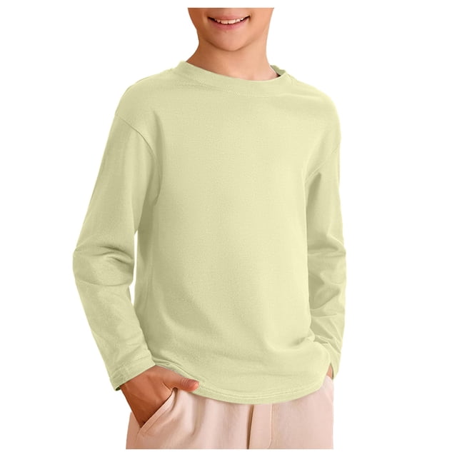 WUANDIXFA T-Shirt à Manches Longues Enfants Enfants Garçons Automne Coton T-Shirts à Manches Longues à Col Rond Hauts Tee Jaune Pâle, 8-9 Ans