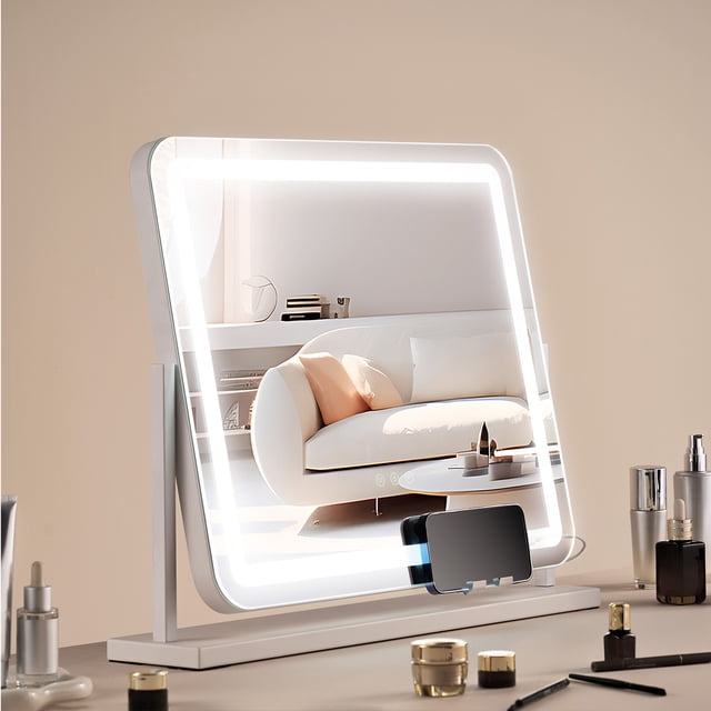VEVOR Lighted Makeup Mirror with a 21.7x17.7-inch square design, featuring three adjustable color temperatures (cold light, warm white, and warm light) and a USB charging port. The mirror includes a detachable 5x magnifying lens with suction cups, a touch-sensitive brightness control, and a 360° rotatable frame. It is displayed on a sturdy white base in a modern vanity setting with makeup items nearby.