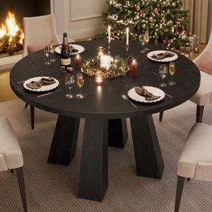 47" Round Dining Table for 4-6, Wood Kitchen Table with Sturdy Base, Farmhouse Circle Dinner Table for Dining Room, Living Room, 4 Strong Legs, Black