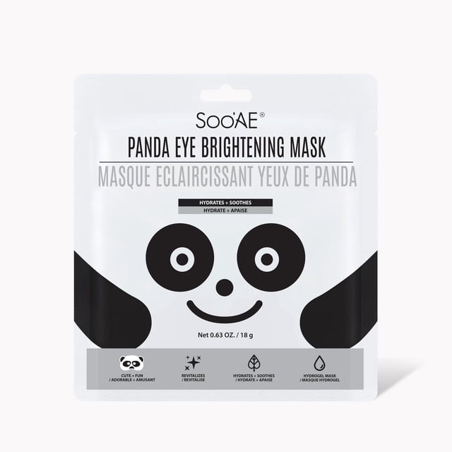 Soo'Ae Panda Eye Brightening Mask in a white resealable pouch with black panda face design, containing 0.63 oz (18 g) hydrogel eye mask that hydrates, soothes, and smooths tired eyes with niacinamide and centella asiatica extract, suitable for daily skin care use.