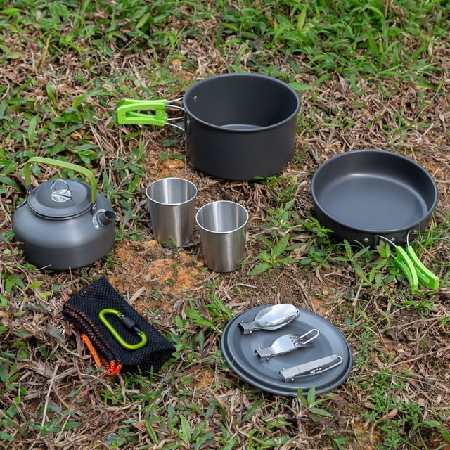 Graflsoa Compact Foldable Outdoor Cookware Set with Green Handle, Lightweight for Camping & Picnics, 16cm Pot & 800ml Kettle, Durable Hard-Anodized Aluminum