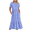 thumbnail image 1 of Pisexur Robes d'Été pour Femmes Col Rond Robe Fluide Plissée Tendance Manches Courtes Mode avec Poche Plage Été Évasée Imprimé Floral 2024 Robes, 1 of 4
