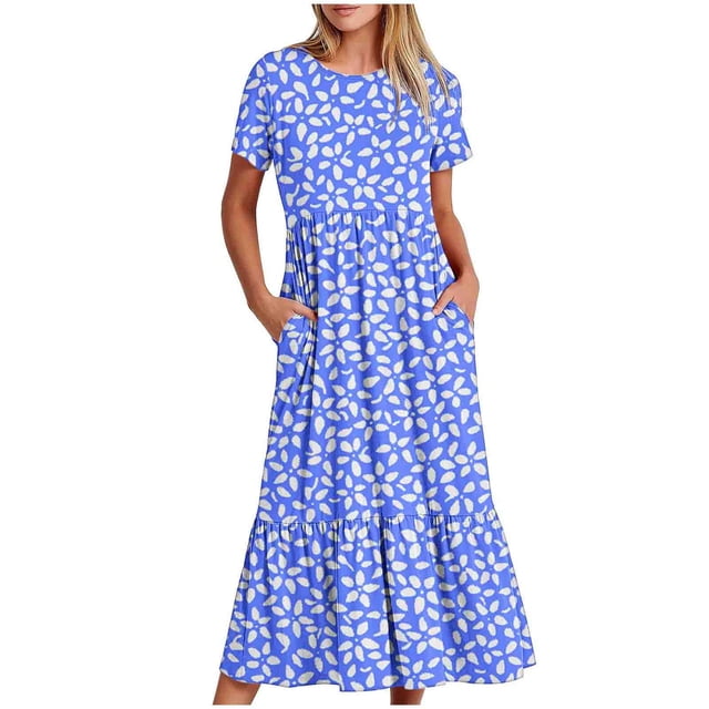 Pisexur Robes d'Été pour Femmes Col Rond Robe Fluide Plissée Tendance Manches Courtes Mode avec Poche Plage Été Évasée Imprimé Floral 2024 Robes