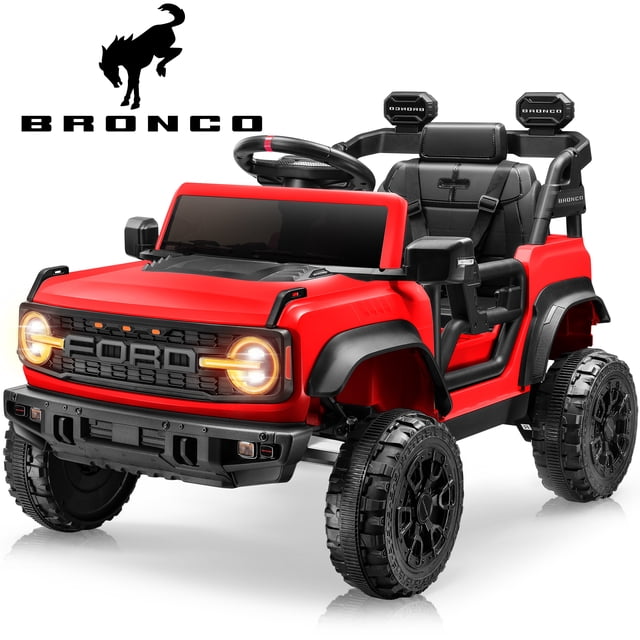 iYofe Ford Bronco Raptor Electric Ride on Toy Car for Toddler Kids in red, featuring a 12V battery-powered design with remote control, Bluetooth, and bright headlights. Officially licensed by Ford, this ride-on car replicates the Bronco off-road truck with authentic pedals, a steering wheel, and a multimedia system. Made from eco-friendly polypropylene, it includes reinforced seat belts, all-terrain wheels, and a high-quality MP3 player. Suitable for children aged 3-5, it offers safe and fun outdoor play.