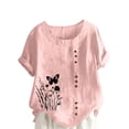 thumbnail image 1 of Pisexur Hauts pour Femmes Décontractés en Lin Col Rond Grande Taille Imprimé Manches Courtes T-shirt Blouse, Hauts d'Été pour Femmes Rose,P, 1 of 5